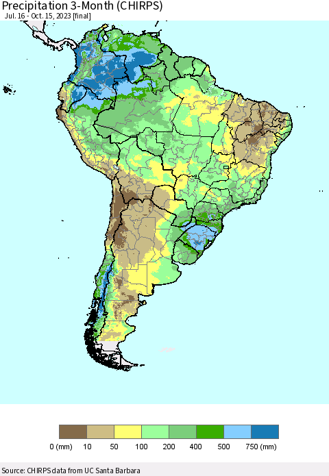 South America Precipitation 3-Month (CHIRPS) Thematic Map For 7/16/2023 - 10/15/2023