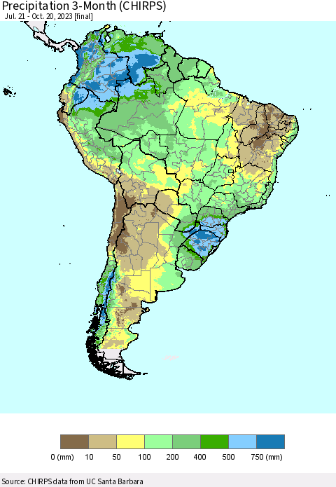 South America Precipitation 3-Month (CHIRPS) Thematic Map For 7/21/2023 - 10/20/2023
