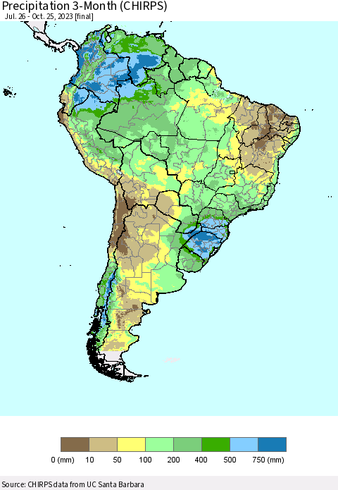 South America Precipitation 3-Month (CHIRPS) Thematic Map For 7/26/2023 - 10/25/2023