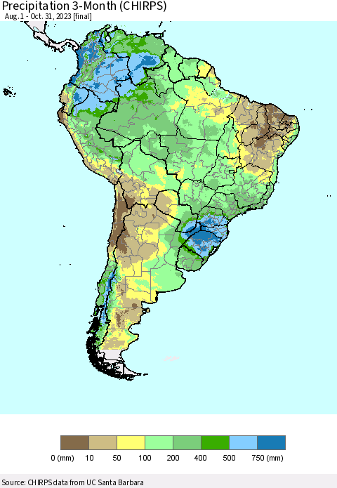 South America Precipitation 3-Month (CHIRPS) Thematic Map For 8/1/2023 - 10/31/2023