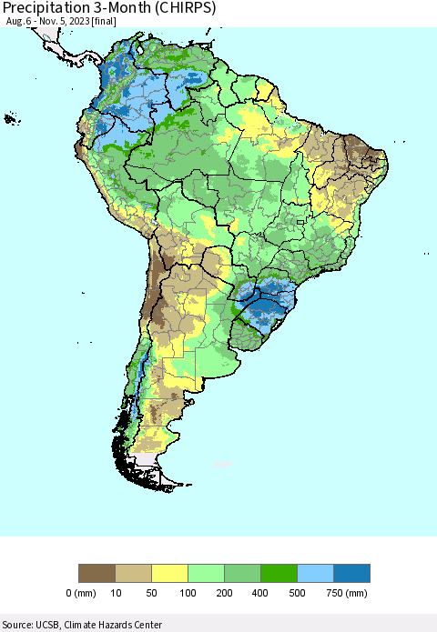 South America Precipitation 3-Month (CHIRPS) Thematic Map For 8/6/2023 - 11/5/2023