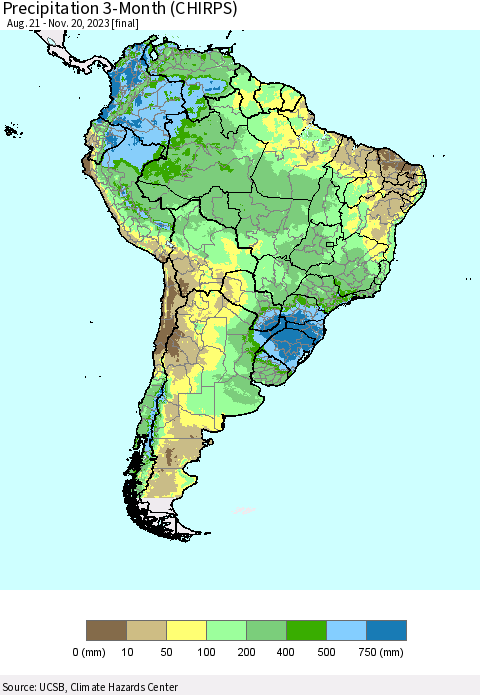 South America Precipitation 3-Month (CHIRPS) Thematic Map For 8/21/2023 - 11/20/2023