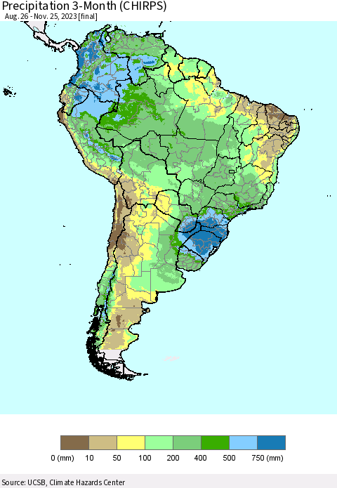 South America Precipitation 3-Month (CHIRPS) Thematic Map For 8/26/2023 - 11/25/2023
