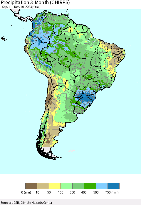 South America Precipitation 3-Month (CHIRPS) Thematic Map For 9/11/2023 - 12/10/2023