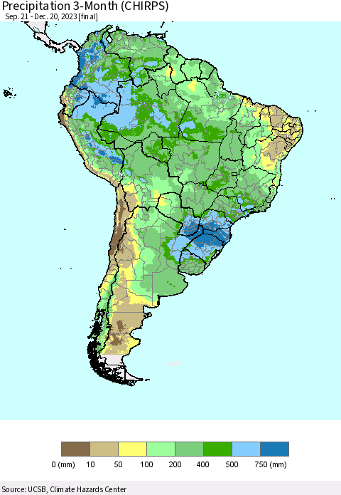South America Precipitation 3-Month (CHIRPS) Thematic Map For 9/21/2023 - 12/20/2023