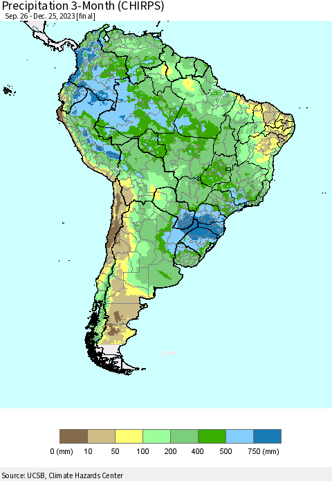 South America Precipitation 3-Month (CHIRPS) Thematic Map For 9/26/2023 - 12/25/2023