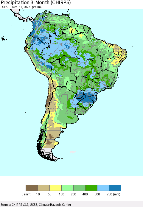 South America Precipitation 3-Month (CHIRPS) Thematic Map For 10/1/2023 - 12/31/2023