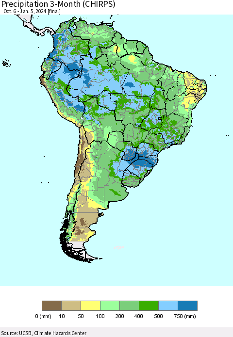 South America Precipitation 3-Month (CHIRPS) Thematic Map For 10/6/2023 - 1/5/2024