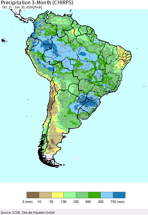 South America Precipitation 3-Month (CHIRPS) Thematic Map For 10/11/2023 - 1/10/2024