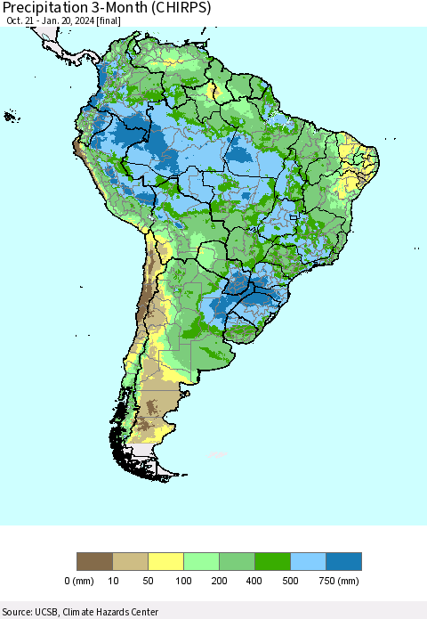 South America Precipitation 3-Month (CHIRPS) Thematic Map For 10/21/2023 - 1/20/2024