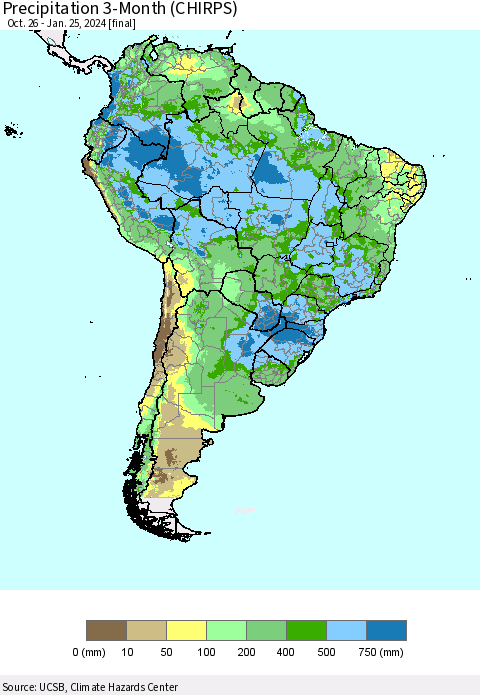 South America Precipitation 3-Month (CHIRPS) Thematic Map For 10/26/2023 - 1/25/2024