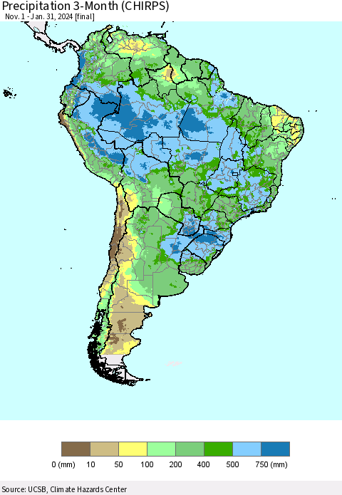 South America Precipitation 3-Month (CHIRPS) Thematic Map For 11/1/2023 - 1/31/2024