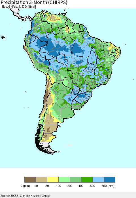 South America Precipitation 3-Month (CHIRPS) Thematic Map For 11/6/2023 - 2/5/2024