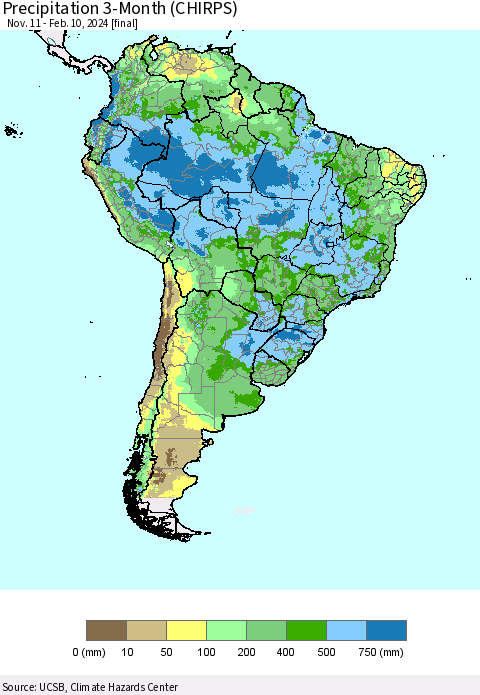 South America Precipitation 3-Month (CHIRPS) Thematic Map For 11/11/2023 - 2/10/2024