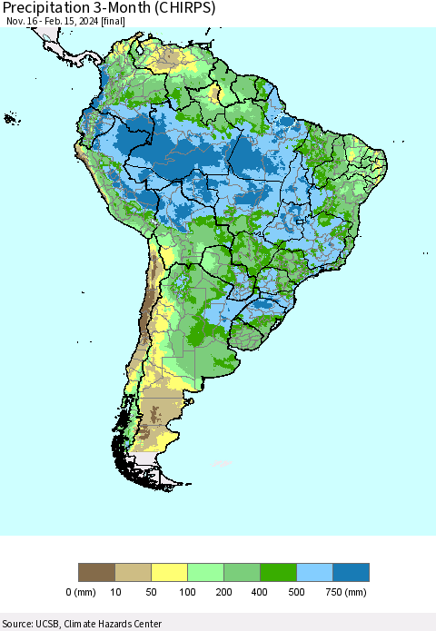 South America Precipitation 3-Month (CHIRPS) Thematic Map For 11/16/2023 - 2/15/2024
