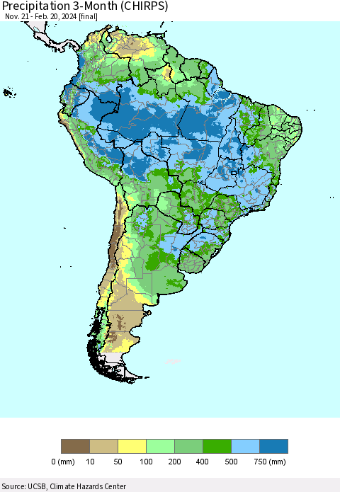 South America Precipitation 3-Month (CHIRPS) Thematic Map For 11/21/2023 - 2/20/2024