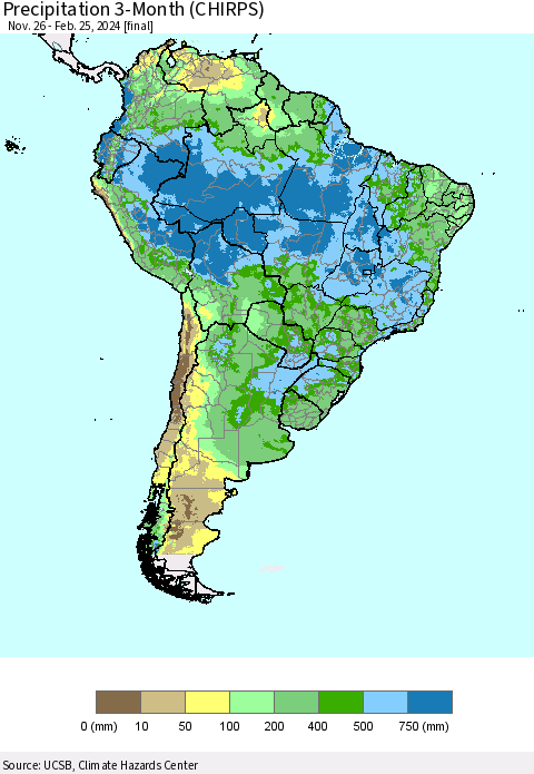 South America Precipitation 3-Month (CHIRPS) Thematic Map For 11/26/2023 - 2/25/2024