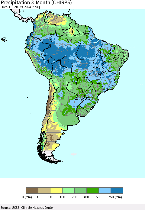 South America Precipitation 3-Month (CHIRPS) Thematic Map For 12/1/2023 - 2/29/2024