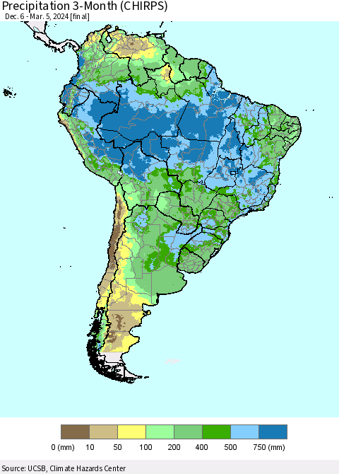 South America Precipitation 3-Month (CHIRPS) Thematic Map For 12/6/2023 - 3/5/2024