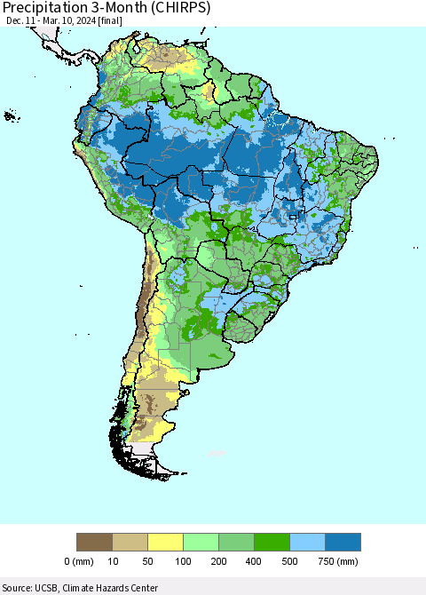 South America Precipitation 3-Month (CHIRPS) Thematic Map For 12/11/2023 - 3/10/2024