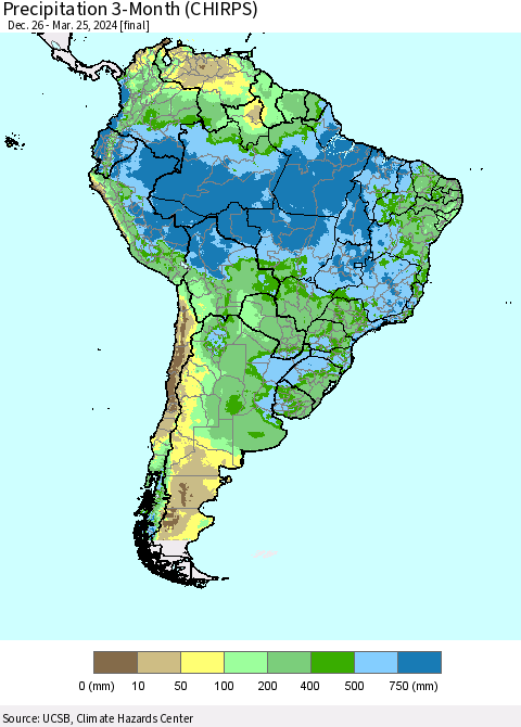 South America Precipitation 3-Month (CHIRPS) Thematic Map For 12/26/2023 - 3/25/2024