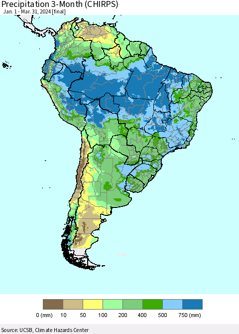South America Precipitation 3-Month (CHIRPS) Thematic Map For 1/1/2024 - 3/31/2024