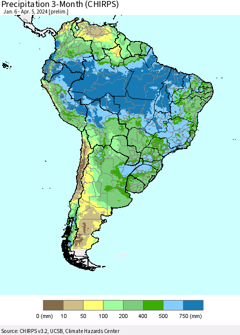South America Precipitation 3-Month (CHIRPS) Thematic Map For 1/6/2024 - 4/5/2024