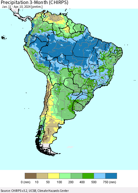 South America Precipitation 3-Month (CHIRPS) Thematic Map For 1/11/2024 - 4/10/2024