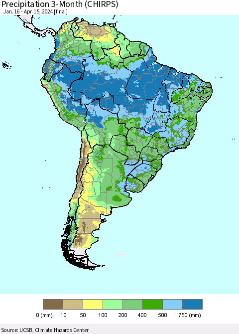South America Precipitation 3-Month (CHIRPS) Thematic Map For 1/16/2024 - 4/15/2024