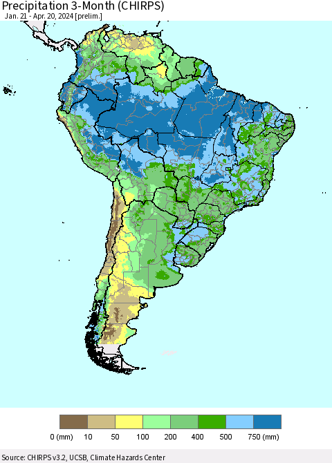 South America Precipitation 3-Month (CHIRPS) Thematic Map For 1/21/2024 - 4/20/2024