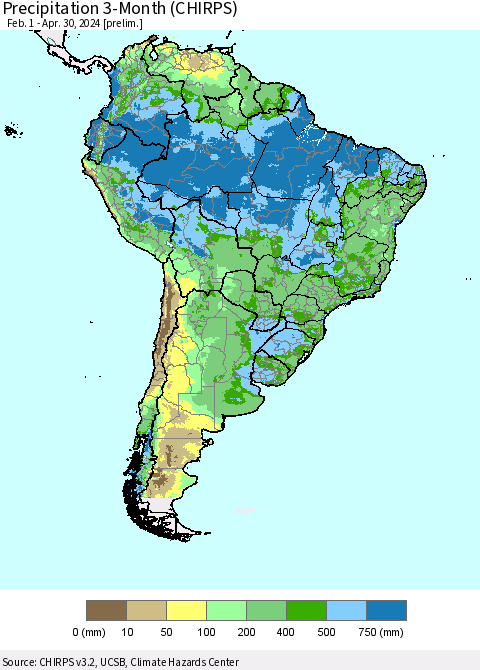 South America Precipitation 3-Month (CHIRPS) Thematic Map For 2/1/2024 - 4/30/2024