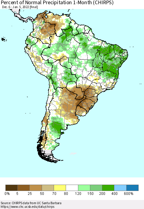 South America Percent of Normal Precipitation 1-Month (CHIRPS) Thematic Map For 12/6/2021 - 1/5/2022