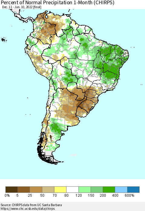 South America Percent of Normal Precipitation 1-Month (CHIRPS) Thematic Map For 12/11/2021 - 1/10/2022