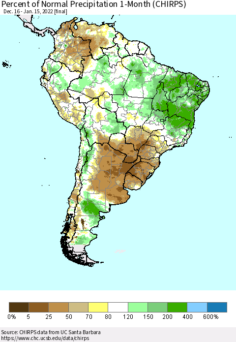 South America Percent of Normal Precipitation 1-Month (CHIRPS) Thematic Map For 12/16/2021 - 1/15/2022