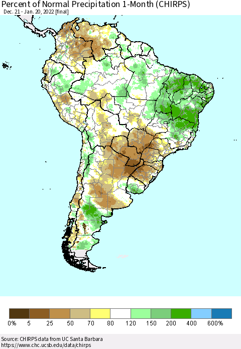 South America Percent of Normal Precipitation 1-Month (CHIRPS) Thematic Map For 12/21/2021 - 1/20/2022
