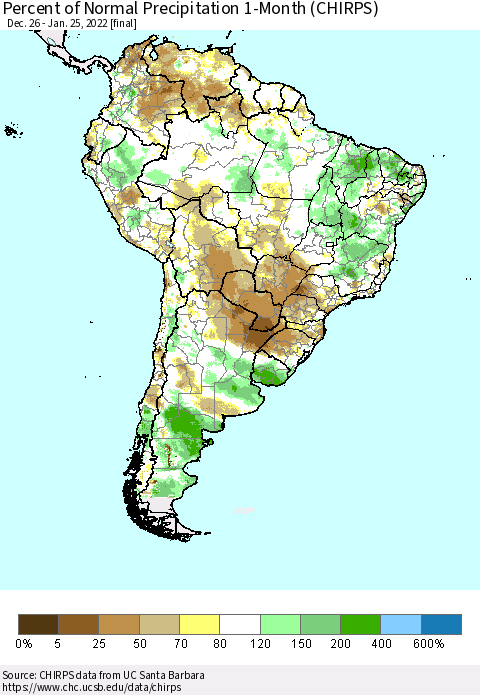 South America Percent of Normal Precipitation 1-Month (CHIRPS) Thematic Map For 12/26/2021 - 1/25/2022