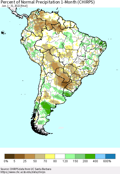 South America Percent of Normal Precipitation 1-Month (CHIRPS) Thematic Map For 1/1/2022 - 1/31/2022