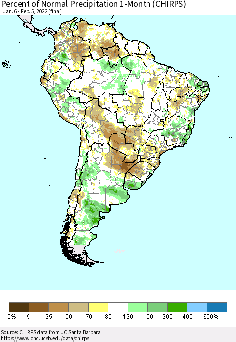 South America Percent of Normal Precipitation 1-Month (CHIRPS) Thematic Map For 1/6/2022 - 2/5/2022