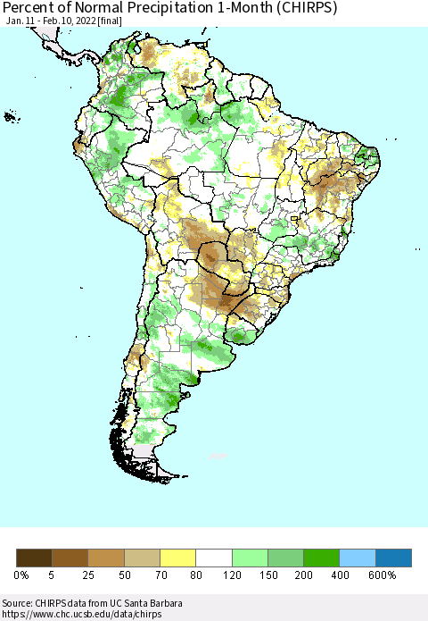 South America Percent of Normal Precipitation 1-Month (CHIRPS) Thematic Map For 1/11/2022 - 2/10/2022