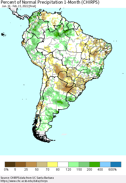 South America Percent of Normal Precipitation 1-Month (CHIRPS) Thematic Map For 1/16/2022 - 2/15/2022