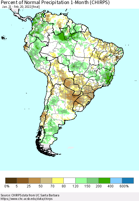 South America Percent of Normal Precipitation 1-Month (CHIRPS) Thematic Map For 1/21/2022 - 2/20/2022