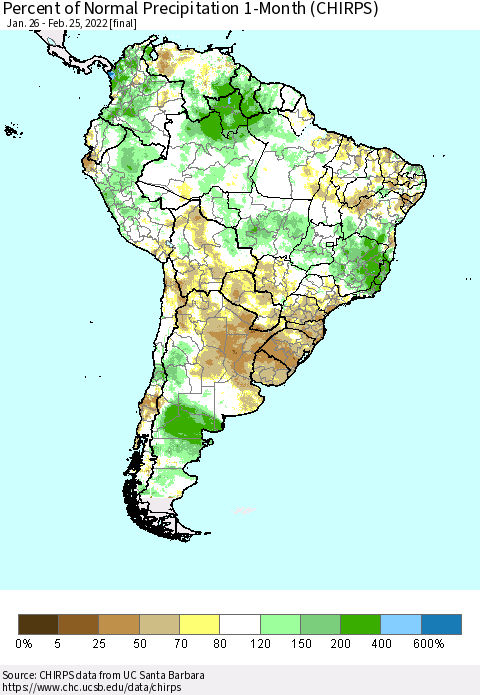 South America Percent of Normal Precipitation 1-Month (CHIRPS) Thematic Map For 1/26/2022 - 2/25/2022