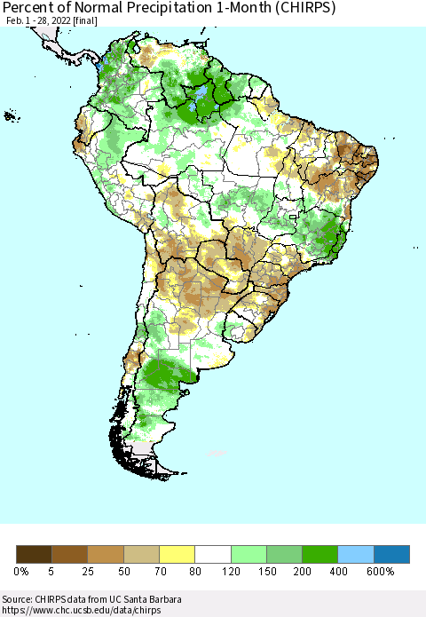South America Percent of Normal Precipitation 1-Month (CHIRPS) Thematic Map For 2/1/2022 - 2/28/2022
