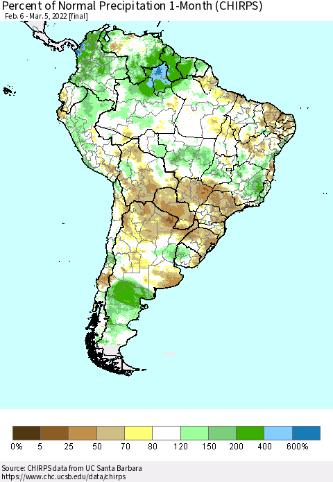 South America Percent of Normal Precipitation 1-Month (CHIRPS) Thematic Map For 2/6/2022 - 3/5/2022