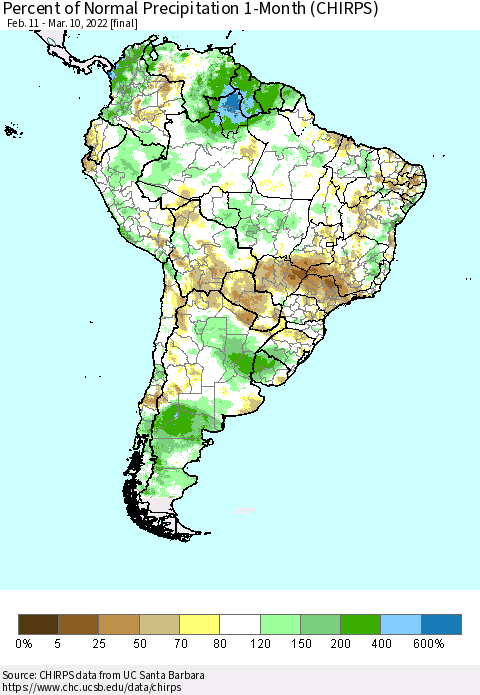 South America Percent of Normal Precipitation 1-Month (CHIRPS) Thematic Map For 2/11/2022 - 3/10/2022
