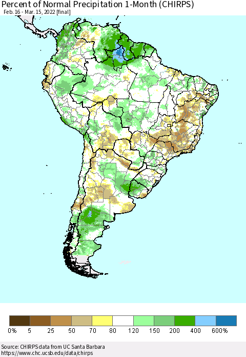 South America Percent of Normal Precipitation 1-Month (CHIRPS) Thematic Map For 2/16/2022 - 3/15/2022