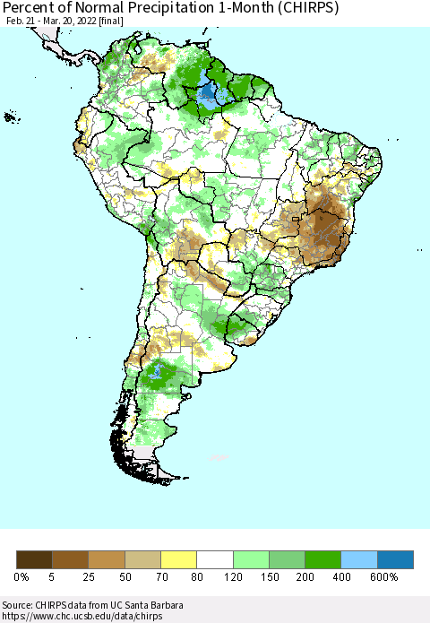South America Percent of Normal Precipitation 1-Month (CHIRPS) Thematic Map For 2/21/2022 - 3/20/2022