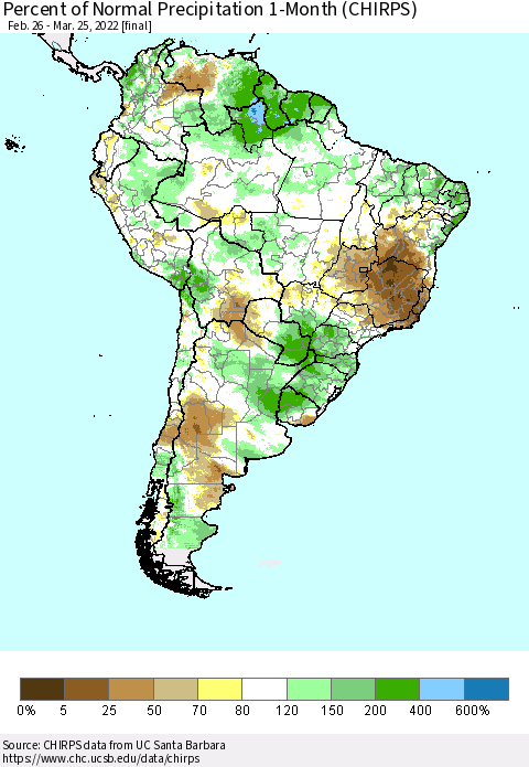 South America Percent of Normal Precipitation 1-Month (CHIRPS) Thematic Map For 2/26/2022 - 3/25/2022