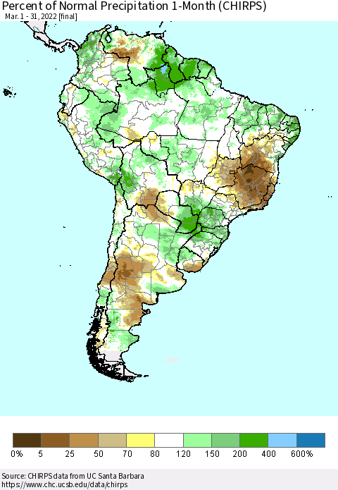 South America Percent of Normal Precipitation 1-Month (CHIRPS) Thematic Map For 3/1/2022 - 3/31/2022