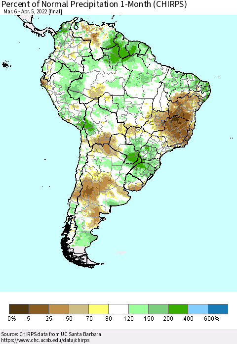 South America Percent of Normal Precipitation 1-Month (CHIRPS) Thematic Map For 3/6/2022 - 4/5/2022